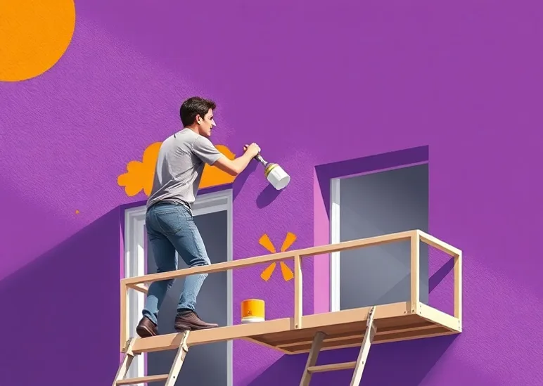 Peintre sur échafaudage traitant la façade d'une maison